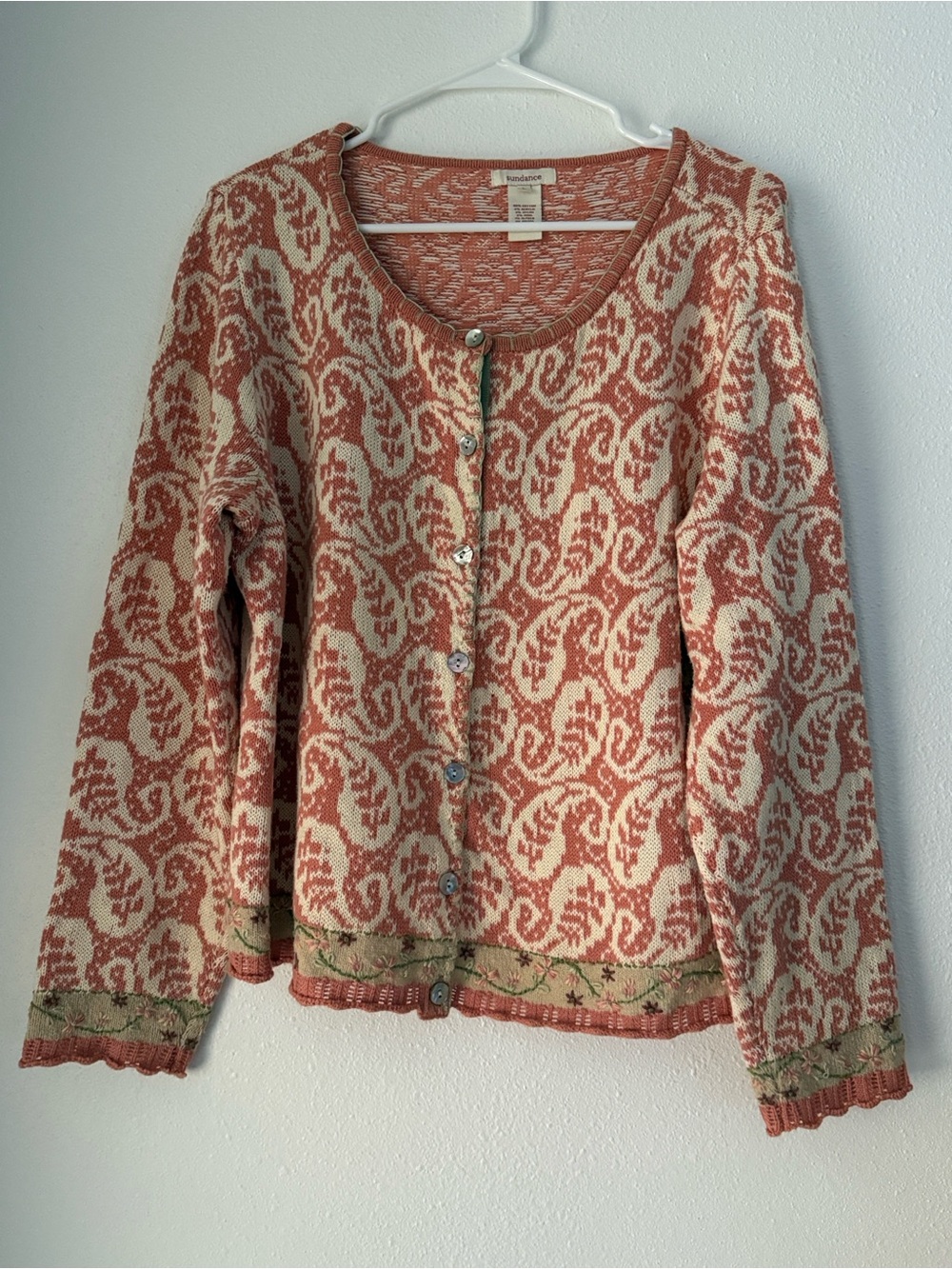 Sundance womens Paisley Cardigan Peach/Cream Embroidered Flowers Shell Buttons L
